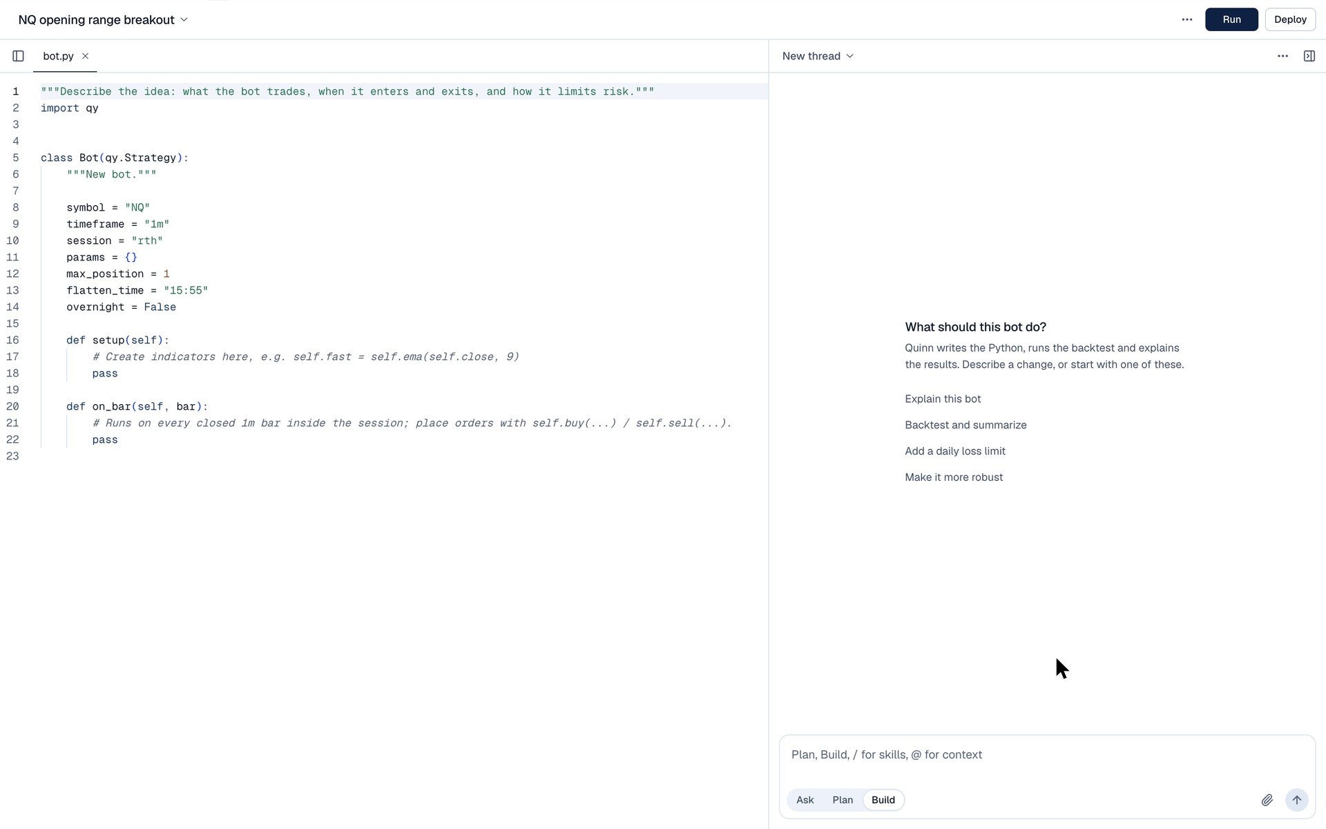 Quinn writing a strategy from a plain-English prompt, the code beside the conversation.