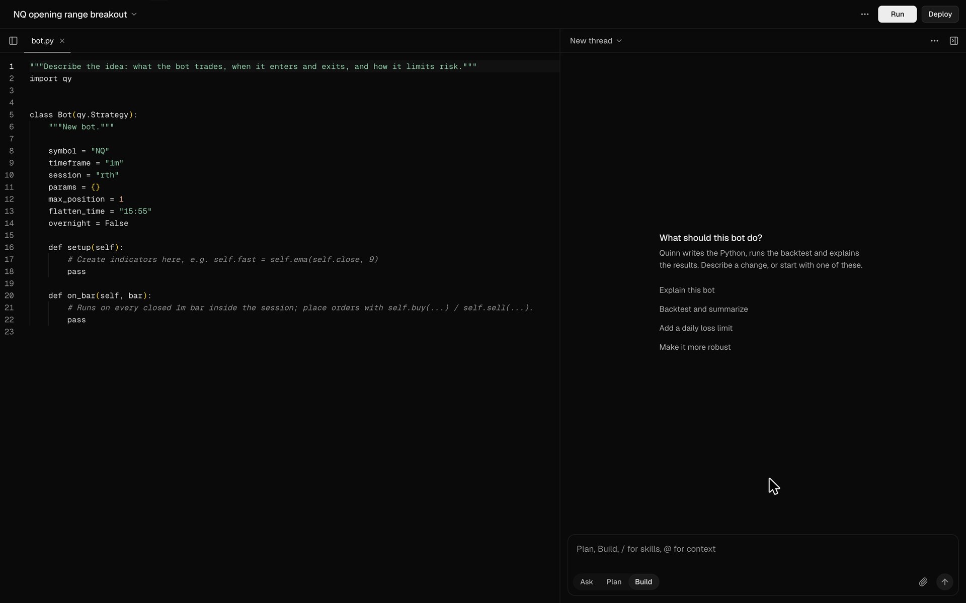 Quinn writing a strategy from a plain-English prompt, the code beside the conversation.