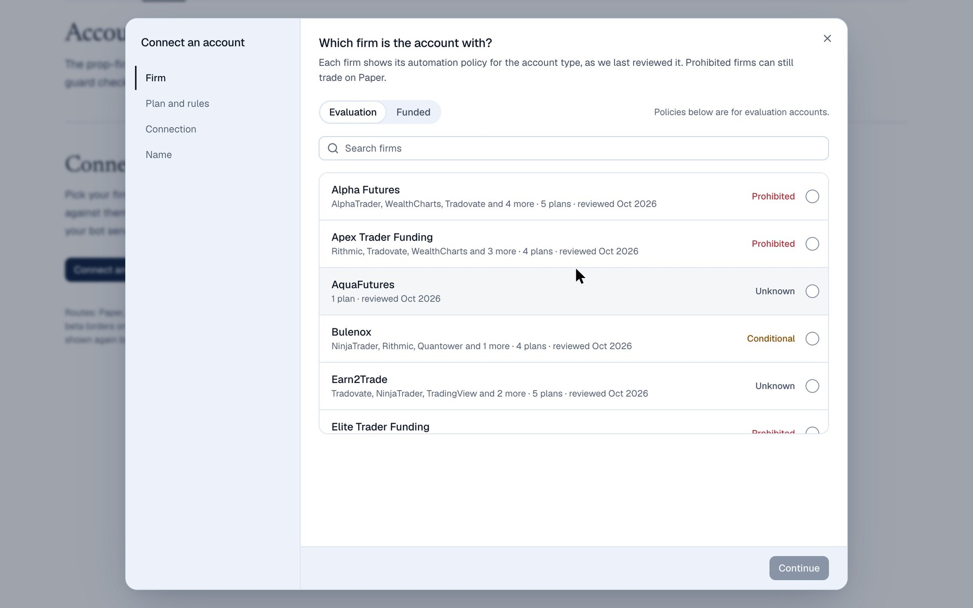 Connecting a prop-firm plan in the app, then the deploy to paper with its checks.
