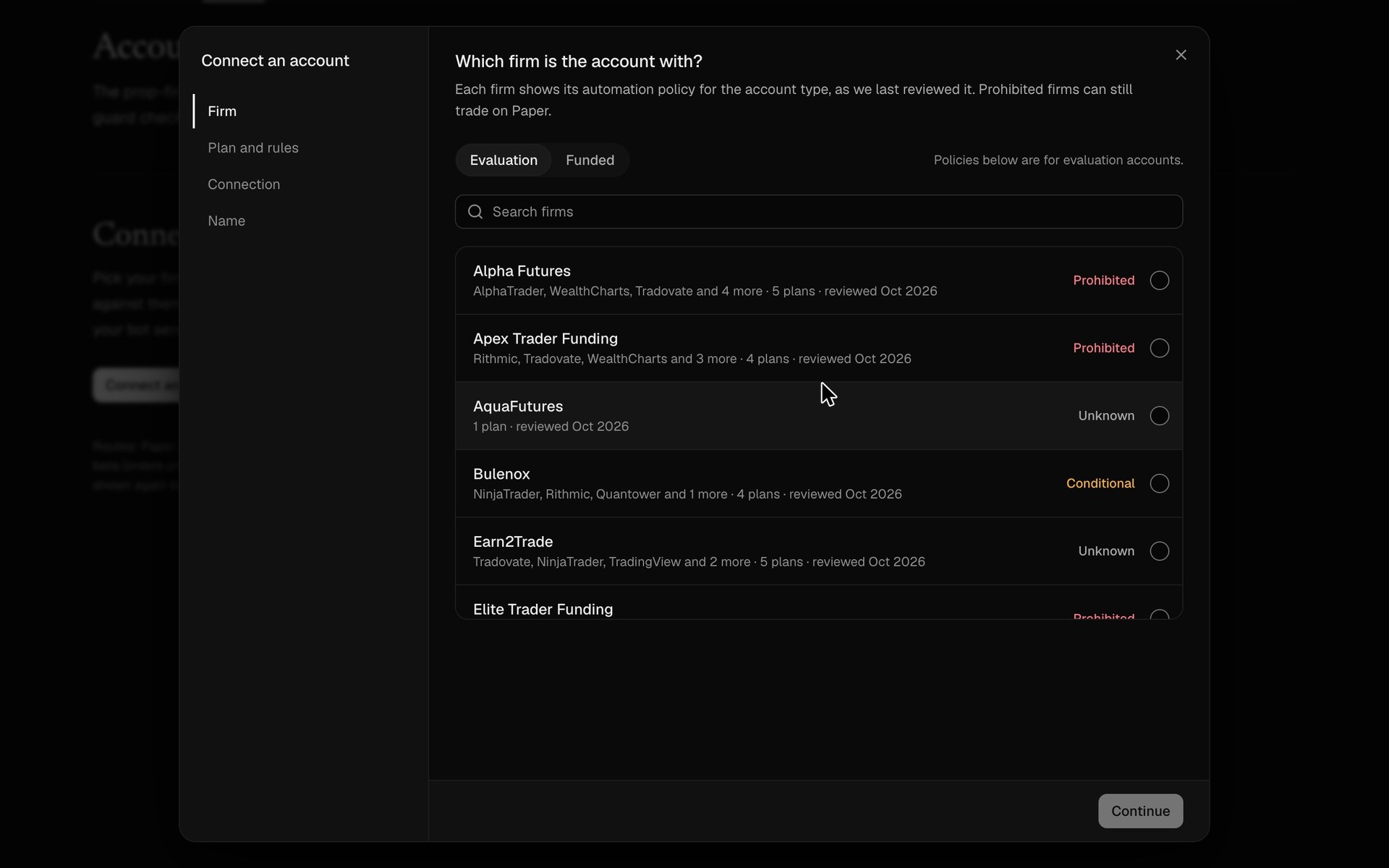 Connecting a prop-firm plan in the app, then the deploy to paper with its checks.