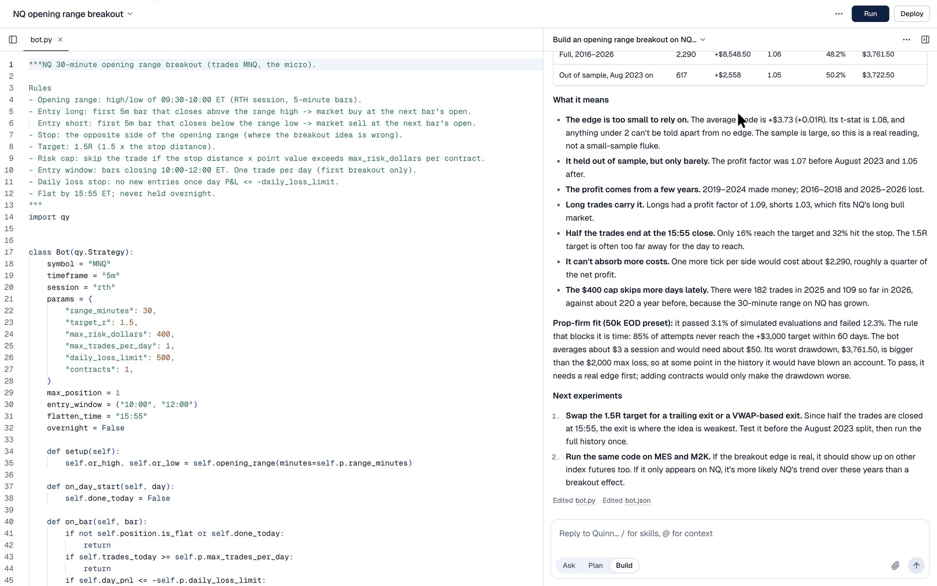A backtest running in the app, then its results: the stats, the equity curve and pass odds.