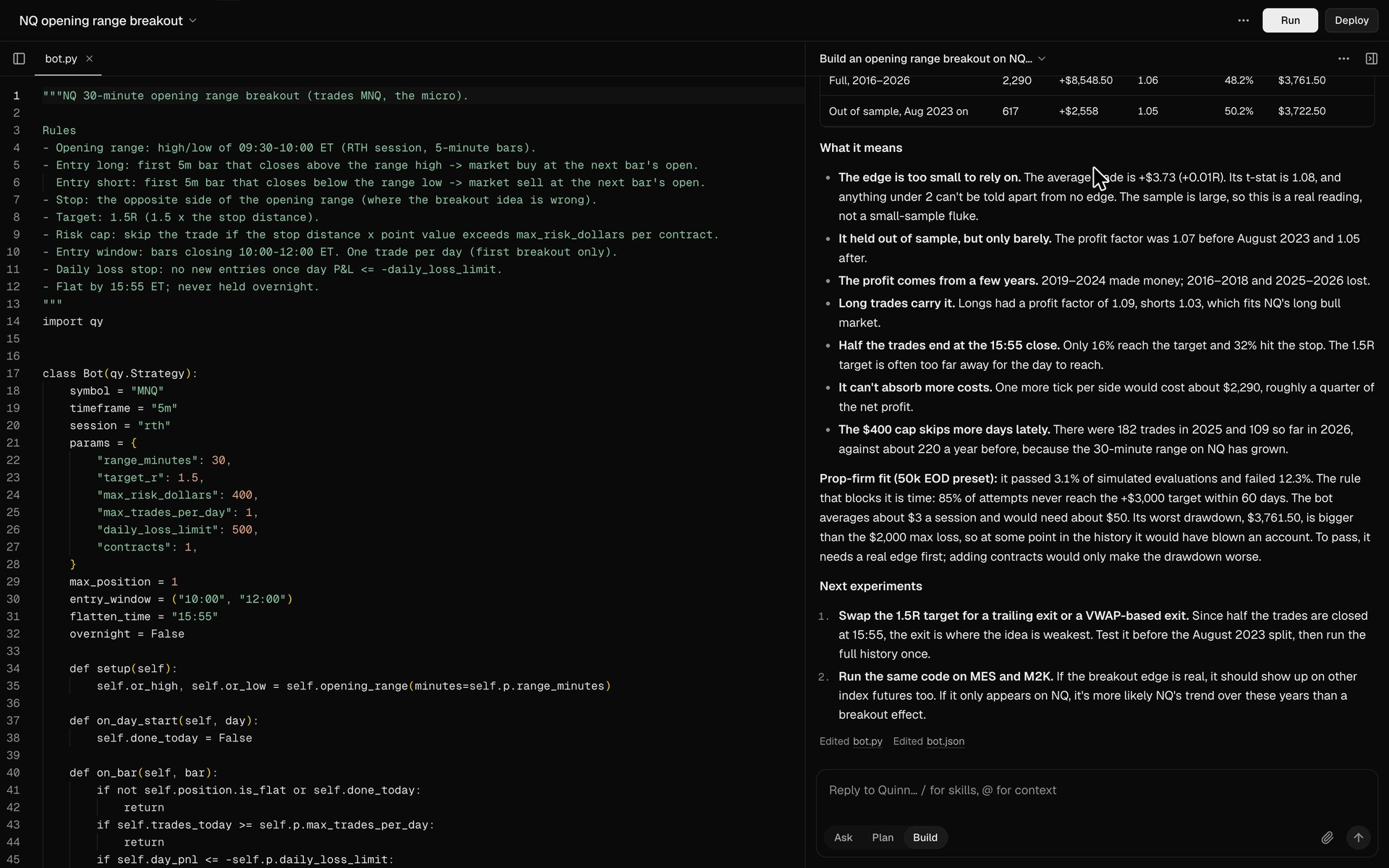 A backtest running in the app, then its results: the stats, the equity curve and pass odds.