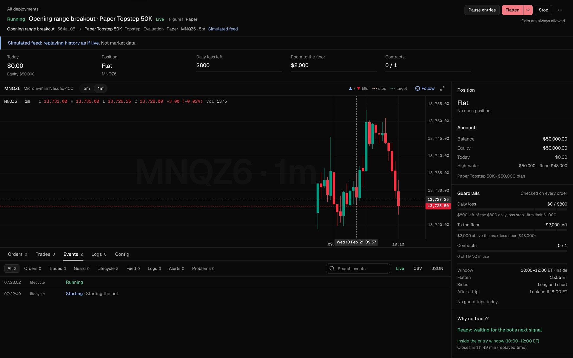 The opening-range breakout deployed to paper, its live monitor running in the app.